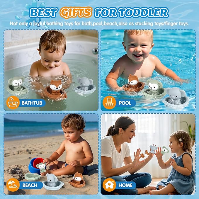 Bath Pool Toys for Toddler, Stacking Toy with 3 Boat 3 Sensory Finger Puppets, Toddler Toys Gifts for 2-4 Year Old Boy Girl, Model A