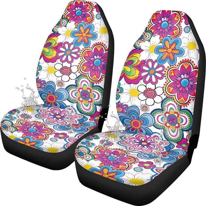 Colorful Hippie Flower Car Seat Covers Set of 2 Waterproof Universal Vehicle Front Seats Interior Protector Easy to Install Interior Protection Suitable Fits Most Car Auto SUV Sedan Truck