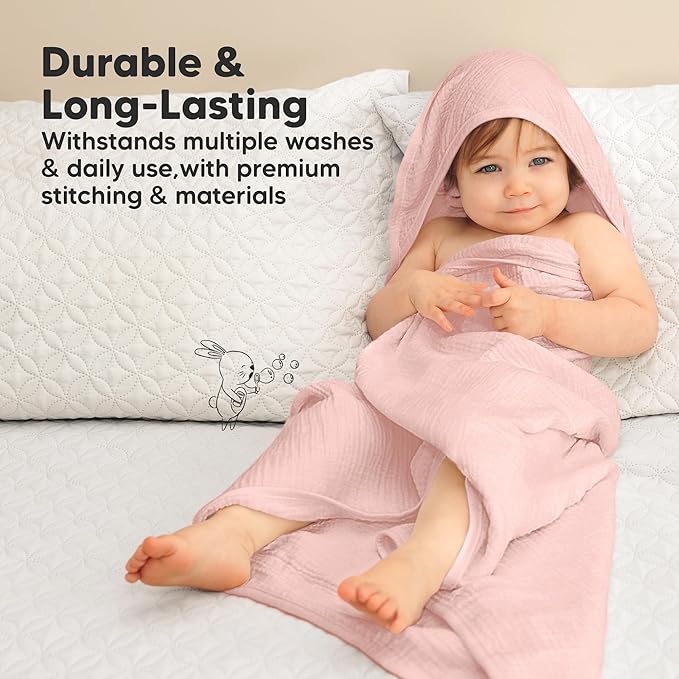 KeaBabies Muslin Hooded Baby Towels for Newborn Girls, Boys - 2-Pack, 30x30 Organic Cotton Baby Bath Towels Hooded, Soft Absorbent, Toddlers, Kids, Infant, Newborn Bath Essentials (Rose Ivory, Petite)