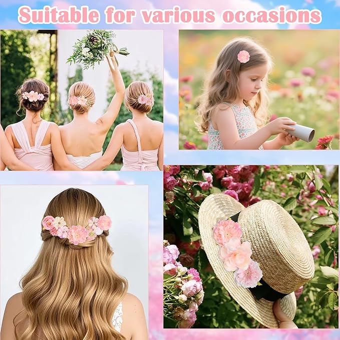Leery 20 PCS Boho Flower Hair Clips for Women - Rose Hair Barrettes, Wedding Hairpins, Bridal Headpiece, Hawaiian Silk Floral Clips (Pale Pink‌)