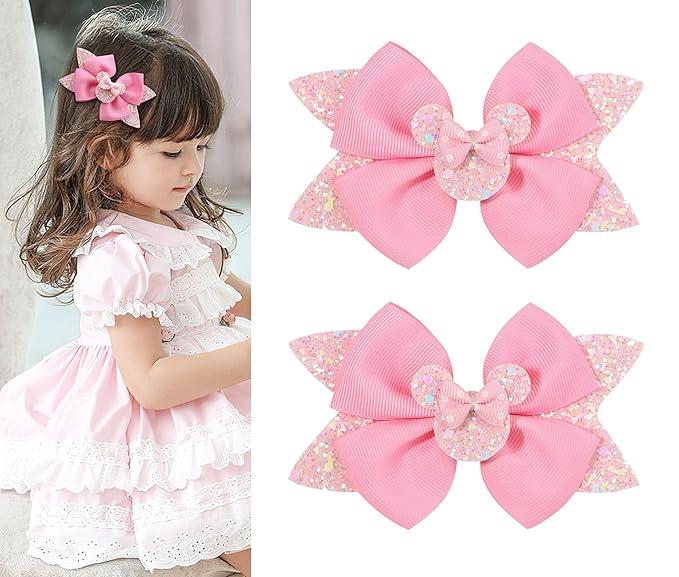 4.5 Inch Cute Mouse Ears Sequins Bows Hair Clips For Baby Girls, Toddler, Kids and Young Women Birthday Party Wedding Christmas Occasions Set of 2 (B- Pink)