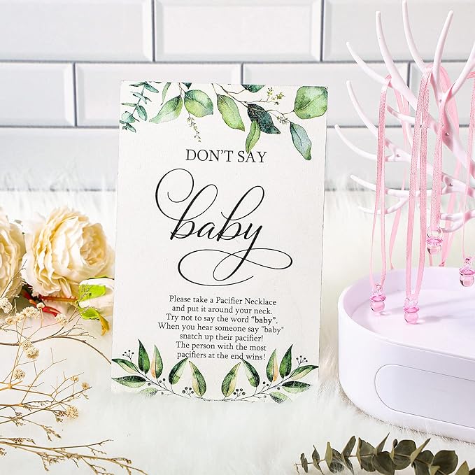 Geetery 51 Pcs Don't Say Baby Game Sign Greenery Cool Baby Shower Game 50 Pacifier Necklace Wooden Don't Say Sign Plastic Pacifier Party Favor for Gender Reveal(Greenery,Pink)