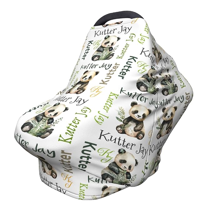 Personalized Panda Baby Car Seat Cover with Name,Multi-Use Canopy for Nursing, Strollers,Shopping Carts,Customized Breastfeeding Cover, Full Privacy,Infant Stroller Cover