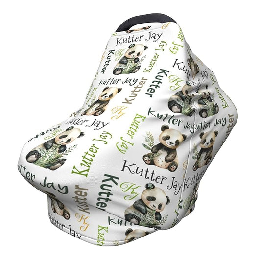 Personalized Panda Baby Car Seat Cover with Name,Multi-Use Canopy for Nursing, Strollers,Shopping Carts,Customized Breastfeeding Cover, Full Privacy,Infant Stroller Cover