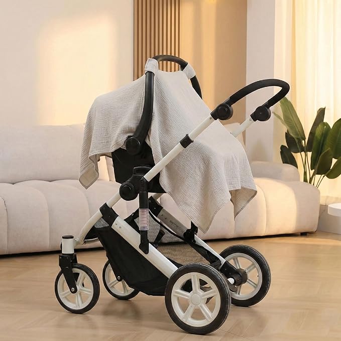 Muslin Cotton Car Seat Cover Baby, Infant Car Seat Cover & Canopy, Universal Fit Stroller Cover for Boys & Girls, Breathable Sunshade Protection (Summer Wheat)