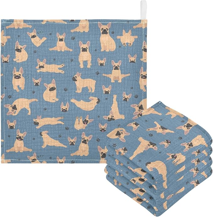vvfelixl Baby Cotton Washcloths French Bulldog Pug Infants Bath Towel for Unisex Puppy Face Towels for Newborn, Natural Baby Wipes Delicate Skin, 11.8 X 11.8 inch, one sizex5