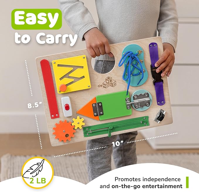 deMoca Sensory Busy Board for Toddlers, Premium Wooden Toddler Busy Board for 1 2 3 Year Old with 10 Educational Activities for Fine Motor Skills, Fidget Activity Toy for Travel
