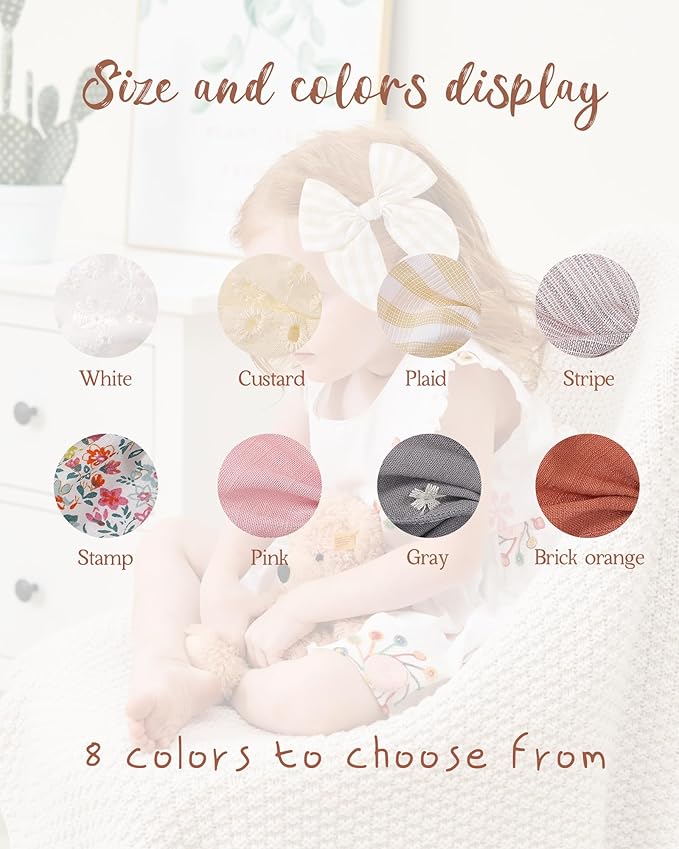 doboi 8PCS Baby Girls Hair Clips Fable Hair Bows Cotton Linen Bows for Girls Hair Accessories for Baby Toddlers Kids - Embroidery