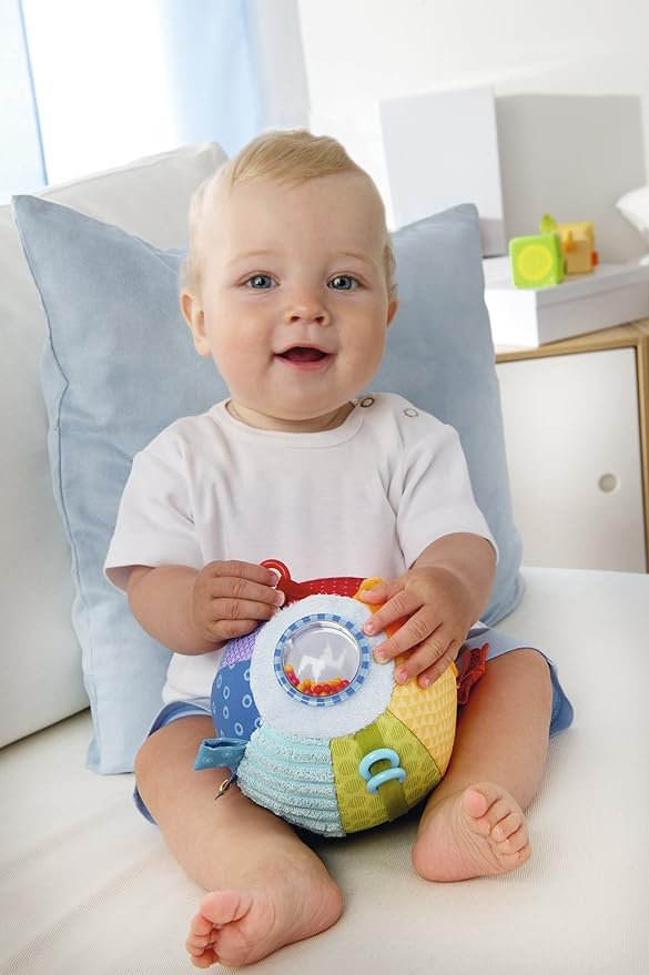 HABA Discovery Ball All Colors - Soft Colorful Tactile Patterns with Rings, Tags, Rattle & Mirror