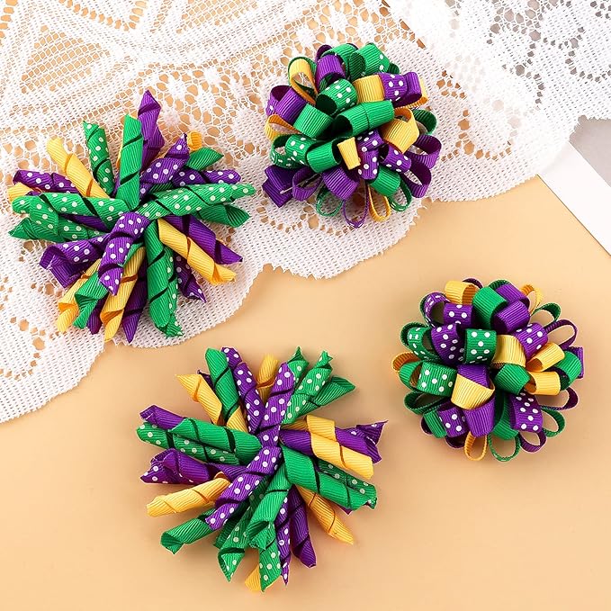 Mardi Gras Korker Hair Bows 3'' Girls Curly Corker Bow Alligator Clips Purple Yellow Green Grosgrain Ribbon Fireworks Flowerball Accessories Kids Favor Gift