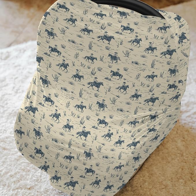 Vintage Western Cowboy Baby Car Seat Covers Retro Cowboy Cactus Horse Stretchy 5-in-1 Cover Adjustable Infant Carseat Canopy Cover Wild Desert Country Breathable Nursing Cover-Up