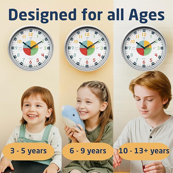OWLCONIC Clock for Kids – Educational Analog Learning Wall Clock, Non Ticking Teaching Clock for Classroom & Homeschool, Silent Kids Bedroom Décor Multicolor