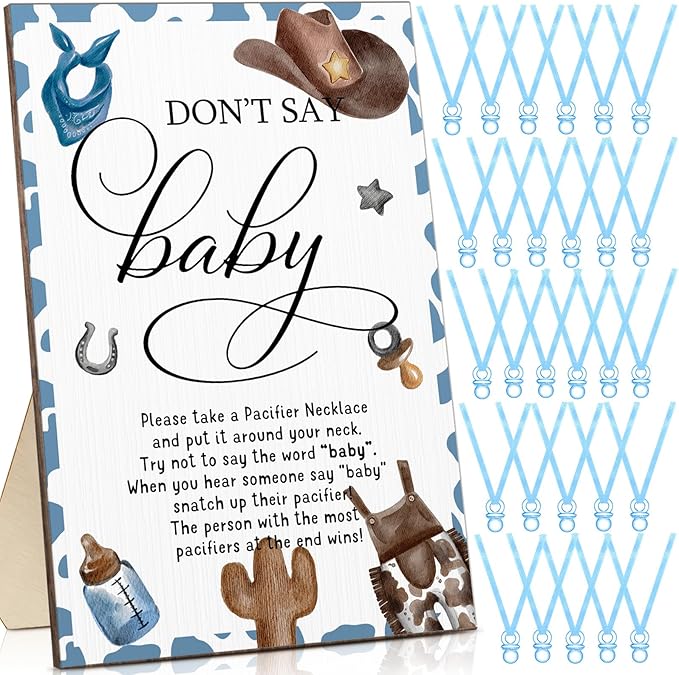 Geetery 51 Pcs Don't Say Baby Game Sign Cool Baby Shower Game 50 Pacifier Necklace Wooden Don't Say Sign Plastic Pacifier Party Favor for Gender Reveal(Cowboy,Blue)