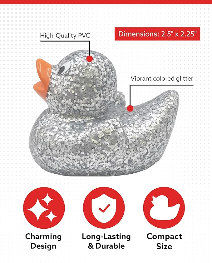 Alpi Glitter Ducks – Set of 5 Fun & Sparkly Rubber Ducks & Bath Toys - Decorative, Collectible, and Great for Parties, Gifts & Bath Time (Silver)