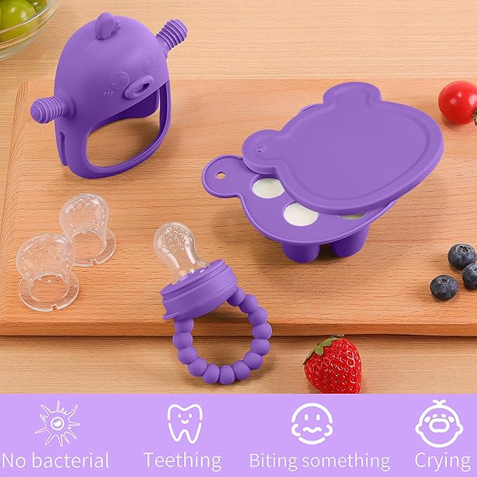 6-in-1 Baby Fruit Feeder Pacifier & Baby Food Feeder Set – Silicone Breastmilk Popsicle Mold with Freezer Tray, Teething Relief Toy, BPA Free Infant Feeder, 3 Sizes (S/M/L) Sacs (Purple)