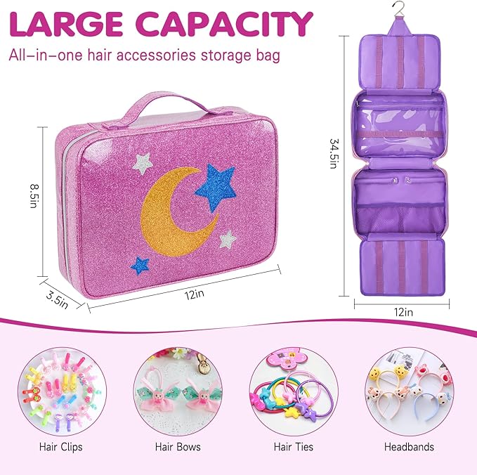 Hair Accessories Organizer for Girls, Dust-proof Baby Bow Holder, Travel Hair Storage Bag for Hair Clips, Headbands, Scrunchies and Hair Ties,Purple