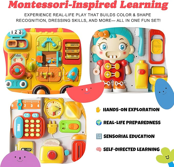 Busy Board for Toddlers 1-3, Montessori Travel Activity Toys with Music, Portable Toddler Activity Board to Develop Fine Motor Skills, Educational Toys for 1 Year Old Boys Girls