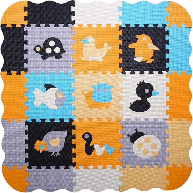 Foam Play Mat for Kids，25Pcs Square Interlocking Puzzle Floor Mat，Baby Play Mat Floor Mat Foam Puzzle Playmat for Toddlers with Fence（Animal-CSH018