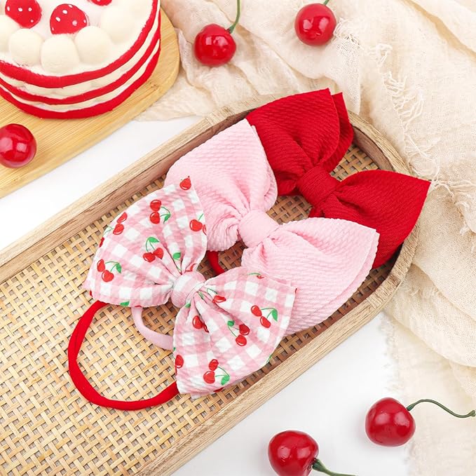 3 Pcs Baby Girl Headbands 4.5’’ Pink Bows Cherry Hair Accessories Summer Outfits for Newborn Infant Toddler Girls Clothes