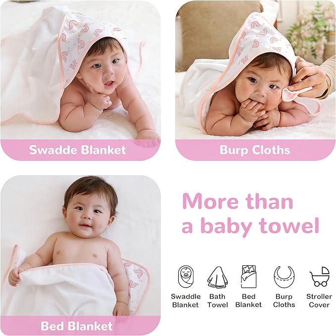 Viviland 6 Pcs Hooded Baby Towels and Washcloths Set, Super Gentle Bath Towels for Newborn Face & Body, Absorbent Wash Cloth for Infants Girls, Pink-Rainbow Pattern, 28 x 28 inch