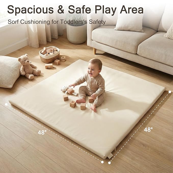 Vegan Leather Baby Play Mat, 48x48 Thicken Foam Play Mat for Infants and Toddlers, Padded & Cushioned Playpen Mat for 48x48 Playpens, 1.2" Thick, Cream
