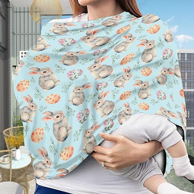 Wanyint Easter Rabbit Eggs Flower Blue Car Seat Covers for Boys Girls, Nursing Cover Carseat Canopy Baby Breastfeeding Cover Multi-use Nursing Scarf Infant Stroller Cover