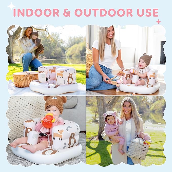 Inflatable Chair for Baby with Safety Harness, Built-in Pump & Non-Slip Base – Infant Sit Up Seat for 3-36 Months, Portable Blow Up Baby Chair for Travel, Easy to Clean