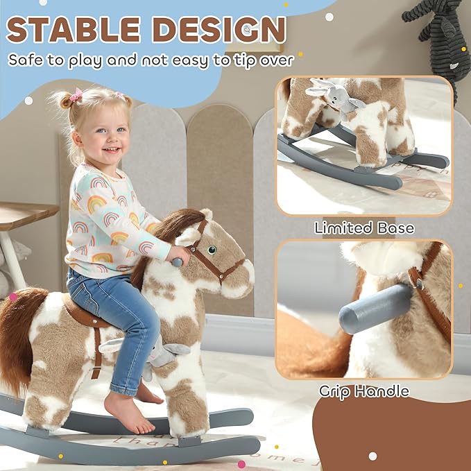 Qaba Rocking Horse, Kids Plush Animal Rocker with Realistic Neighing Sound for Toddlers 2–5 Years Old, Soft Filling Ride on Horse with Rabbit Toy, Light Brown