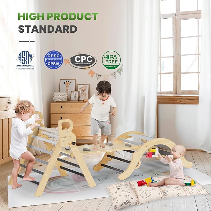 BlueWood Pikler Triangle Set with Cushion, 8-in-1 Climbing Toys for Toddlers, Montessori Philosophy Play Jungle Gym with Arch, Ramp, Ladder(Elegant Gray)