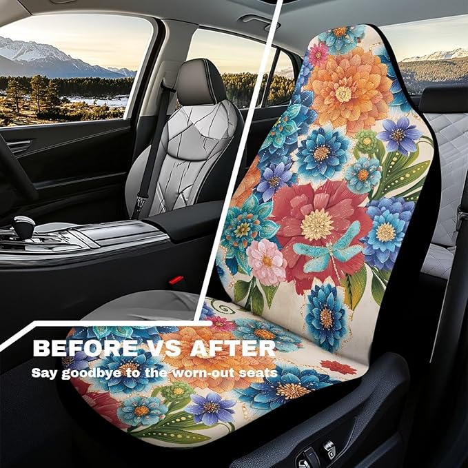 Hippie Floral Automobile Seat Cover, Universal Seat Covers for Front Seat Waterproof Elastic Polyester Car Seat Protector Covers Suitable for Cars, SUV and Trucks