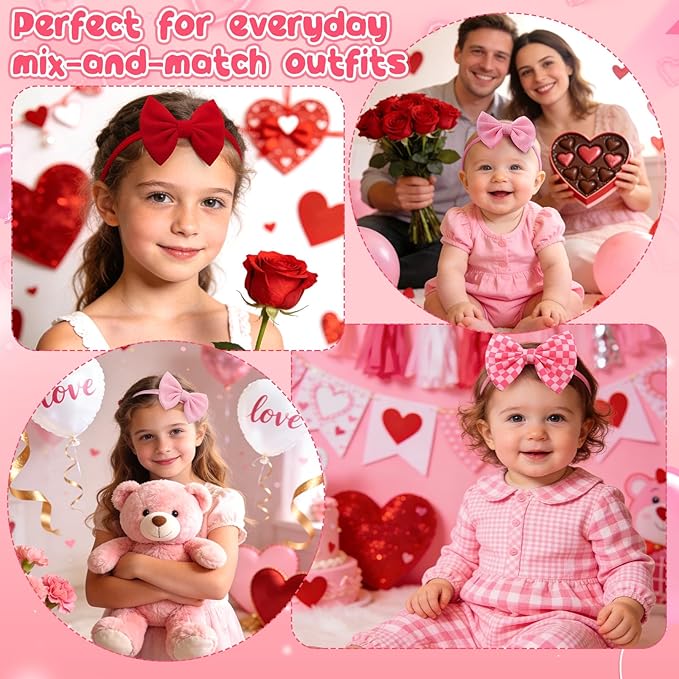 4 Pcs Valentines Baby Bow Headbands, Red Pink Bow Headband Soft Nylon Handmade Hair Accessories for Baby Infants Toddlers Child