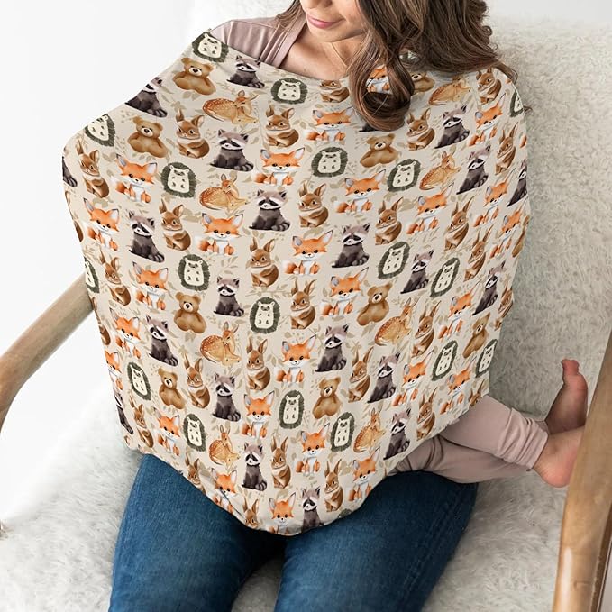 Vintage Autumn Animals Boho Floral Car Seat Cover for Babies Bear Raccoon Deer Rabbit Hedgehog Leaves Stretchy 5-in-1 Cover Adjustable Car Canopy Breastfeeding Cover Breathable Nursing Cover-Up