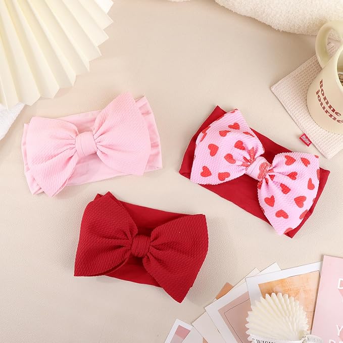 6'' Large Valentines Bow Baby Headbands Handmade Hairbands with Bows High Stretchy Soft Nylon Headbands Baby Hair Accessories for Infant Baby Girls Red Light Pink Heart