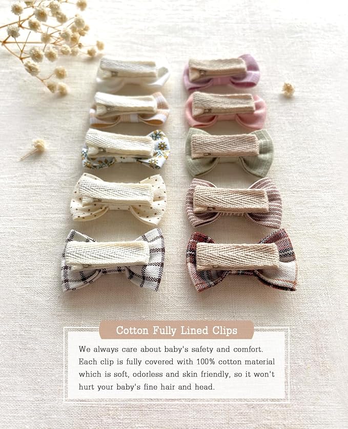 Baby Girls Hair Bow Clips, 20pcs Boutique Cotton Fully Lined Hair Pins, Non Slip Baby Barrettes Accessories for Infants Toddlers Fine Hair by Cherssy