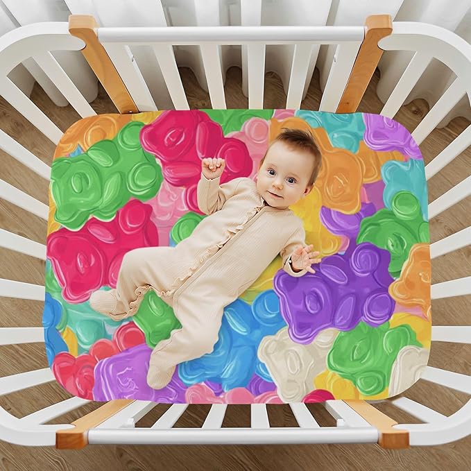 Baby Crib Sheet Colorful Sweet Jelly Bears Crib Mattress for Boys and Girls Gummy Candies Playard Sheet Soft Breathable Fitted Baby Mattress Cover 52x28in