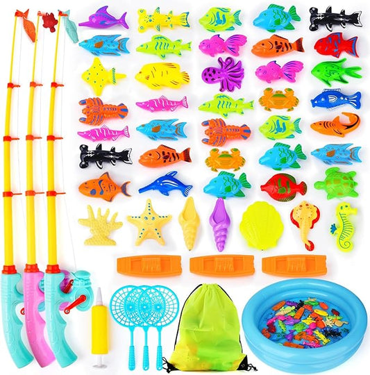 FIVEDAOGANG Magnetic Fishing Game 45 PC Ocean Sea Floating Fish Colorful Animals with Net Portable Storage Bag | Kiddie Pool Bathtub Game for Age 3 4 5 6 Year Kids Toddler(XX-Large Set)