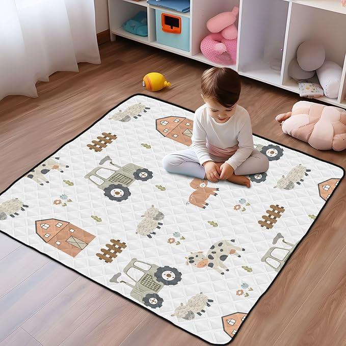 Baby Play Mat Farm Tractor House and Pets 50 x 50 Playpen Mat Baby Play Mats for Floor Play Gym Crawling Mat Non-Slip Cushioned Baby Playmat for Infants, Babies, Toddlers