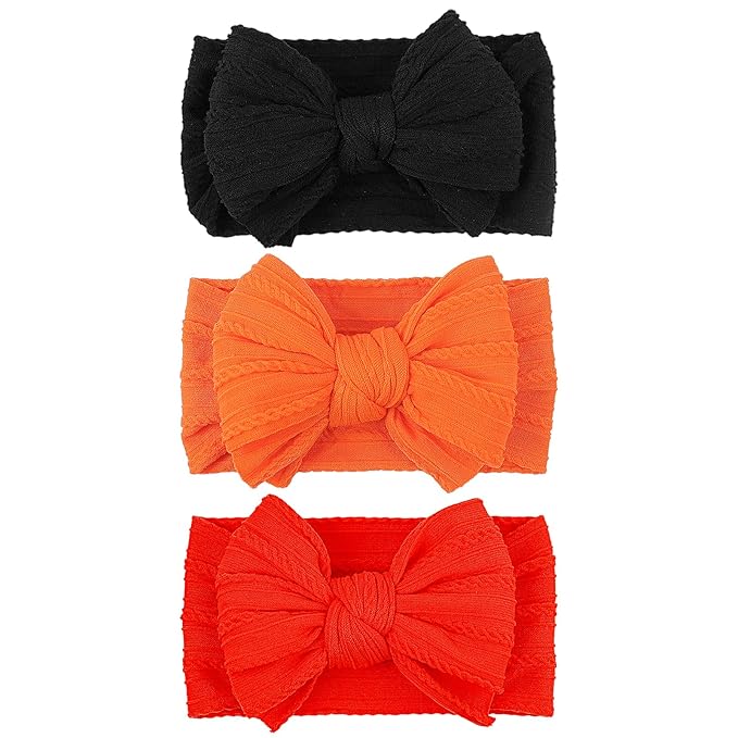 LemonSpace Handmade Halloween Thanksgiving Baby Bows for baby girls Stretchy Nylon Hair Bands Hair Accessories with Orange Headbands Bows for Newborn Baby Girls Infant Toddlers Kids Bow(Orange Black)