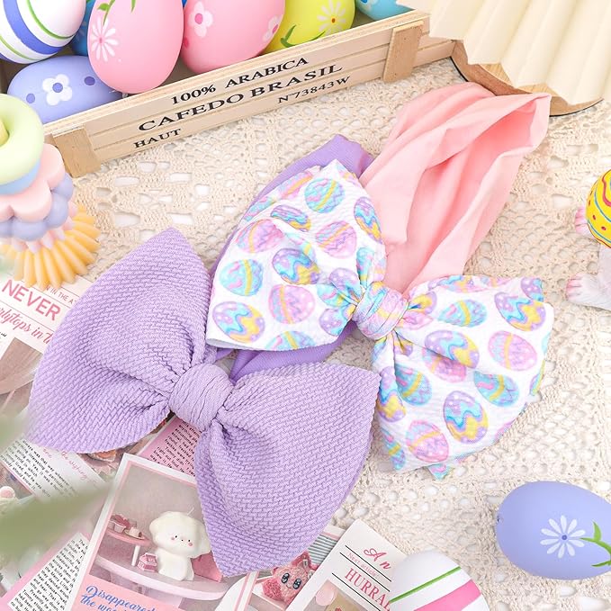 YanJie Easter Headbands Bow Purple Pink Egg Carrots Printed Nylon Hairbands Cheer Bows Big Easter Hair Accessories Infant Easter Gifts