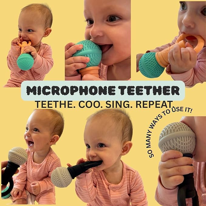 Microphone-Shaped Silicone Baby Teether - BPA Free, with Rattle, Musical/Singing Toy, Dishwasher & Freezer Safe, Easy-to-Grip Teething Shaker Toy for Newborns, Infants, Toddlers. (Gray Black)