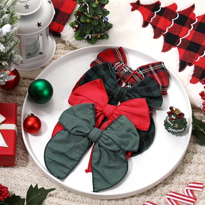 Large Christmas Hair Bows, 4 Pcs Red Green Plaid Fable Hair Bows Cotton Christmas Hair Accessories for Girls Toddler Kids