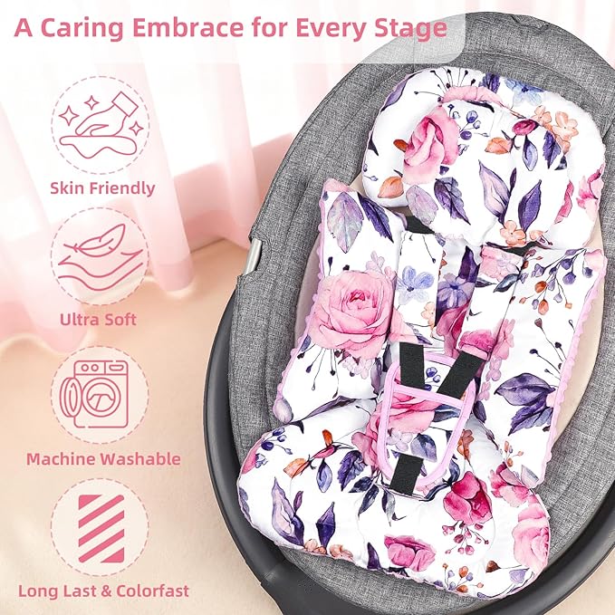 Infant Car Seat Insert with Removable Baby Head Support Pea Pod Newborn Carseat Insert Soft & Breathable Baby Car Seat Cushion, Minky Dot Backing, Universal Fit Stroller, Swing, Bouncer, Floral