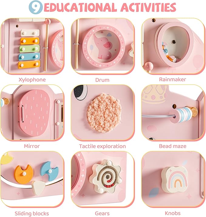 ROBUD Elephant Montessori Busy Board, 12-in-1 Activity Wall Busy Board, Montessori Sensory Wall Panel for Boys & Girls, Toddler Learning Activity Center for Playroom, Nursery, Pink