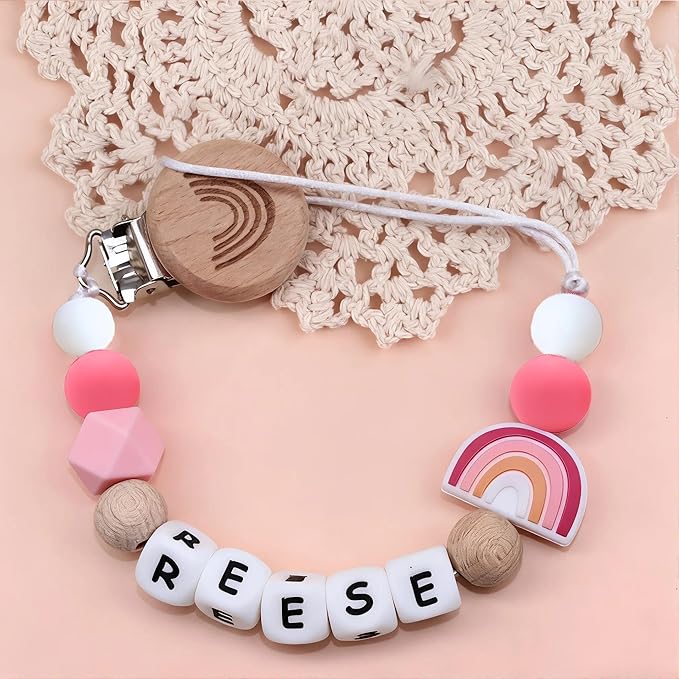Personalized Pacifier Clip with Name Custom Stroller Clip Silicone Pacifier Chain Holder Clips (Rainbow)