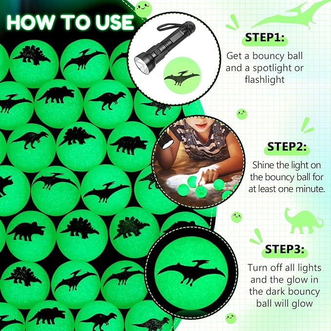 Seenelling 60 Pcs Dinosaur Glow in The Dark Bouncy Balls Dinosaur Birthday Party Favors for Kids Rubber High Mini Bouncing Balls Dino Themed Party Decorations Goodie Bags Stuffers