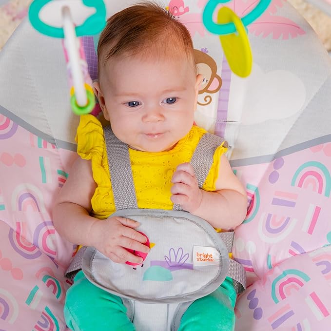 Bright Starts Pink Paradise Portable Compact Automatic Baby Swing with Music, Unisex, Newborn +