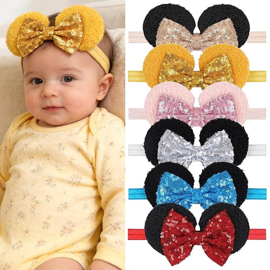 CellElection 6 Pack Baby Girls Sequin Headbands 6Inch Large Big Sparkly Glitter Sequin Hair Bows Headband for Newborn Infant Toddlers Babies