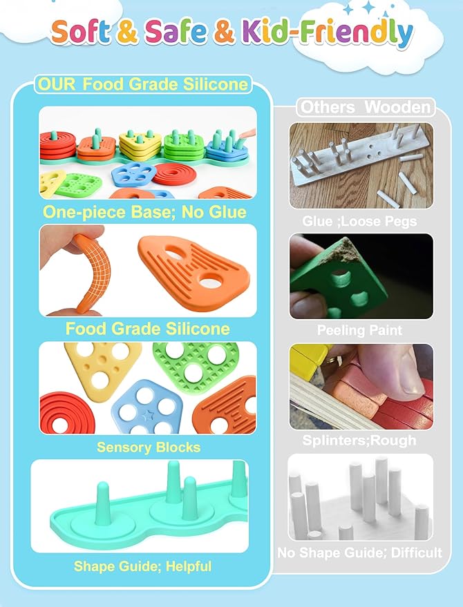 Montessori Learning Toddler Toys 1 2 3: Soft Silicone Shape Color Sorting Stacking Toy for 1-3 Year Old Boy Girl Gifts