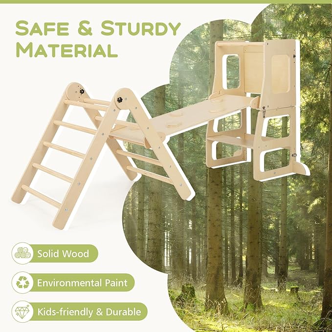 Olakids Pikler Triangle Set 8 in 1 Climbing Toys for Toddlers Foldable Wood Montessori Jungle Gym with Toddler Tower Angle Adjustable Ladder Ramp Slide Indoor Kids Playground Climber
