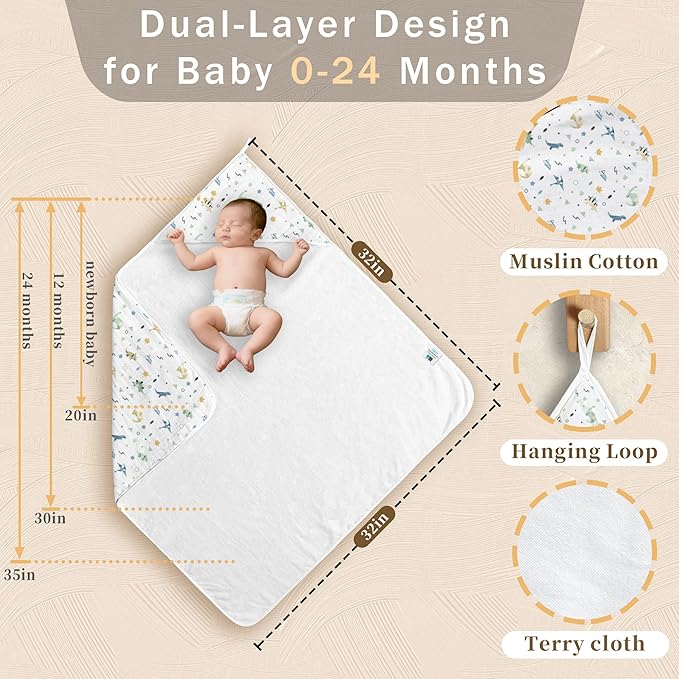 VOOVA & MOVAS 2Pack Baby Hooded Bath Towels - 100% Muslin Cotton,450GSM, 32x32 Inches,0-24Months, Super Absorbent Large Towel with Hood for Newborn,Toddler,Infant, Triangle & Dino Patten